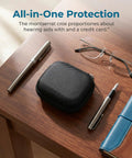 Hearing Aid Case With Travel Pouch And Battery Holder on wooden desk with pens, glasses, and notebook.