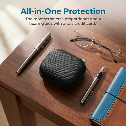 Hearing Aid Case With Travel Pouch And Battery Holder on wooden desk with pens, glasses, and notebook.