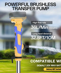 Cordless Water Transfer Pump With 20V Max Battery in use, high flow rate of 720 GPH, yellow and blue, 32 ft lift, in a garden setting