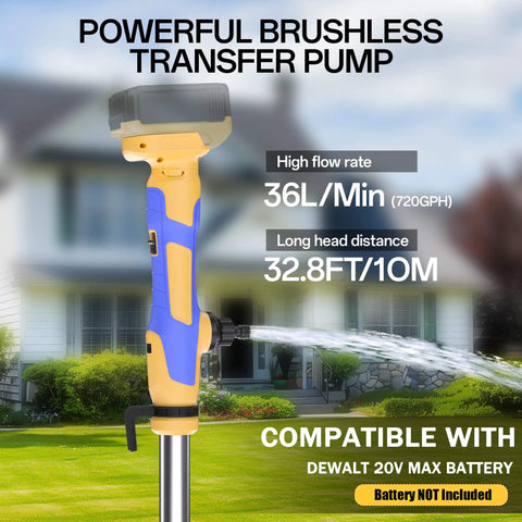 Cordless Water Transfer Pump With 20V Max Battery in use, high flow rate of 720 GPH, yellow and blue, 32 ft lift, in a garden setting
