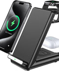 3 In 1 Wireless Charging Dock For Apple Watch Series Ultra Through 3, iPhone 12 Through 17, And AirPods Pro, Space Saving Fast Wireless Charger Stand Black showing iPhone, Apple Watch, AirPods in use.