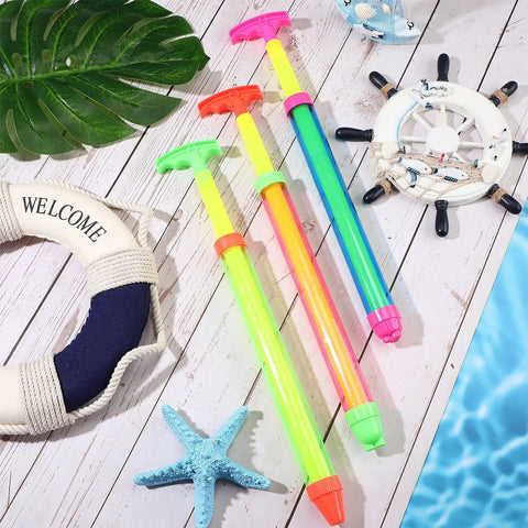 Colorful 36 Pack Crayon Water Guns 16 Inch Long Water Shooters With Easy Grip Handles displayed by poolside decor.