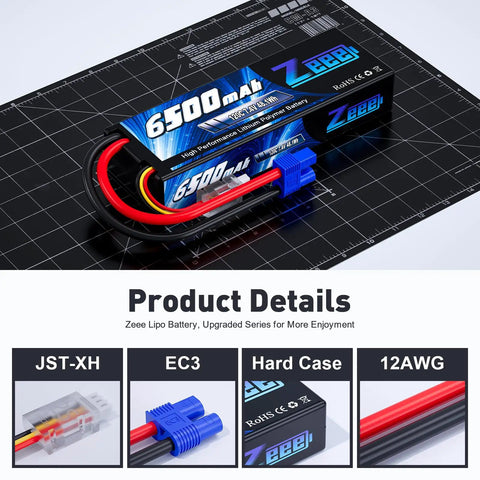 2S 6500mAh 120C LiPo Battery Pack 7.4V Hard Case With EC3 Connector Dual Pack For RC Cars with highlighted product details