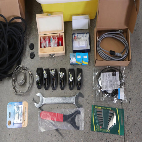 Accessories and tools for Rugged Wood Router Machine with High Precision Engraving and Milling, including wrenches and cables.