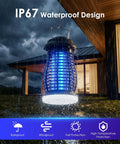 Cordless Bug Zapper For Indoor Outdoor Use With 4800mAh Rechargeable Battery Auto On Off Portable Mosquito Killer For Patio Backyard Camping Kitchen Electric Fly Trap With 4200V High Voltage hanging in rain to show IP67 waterproof design