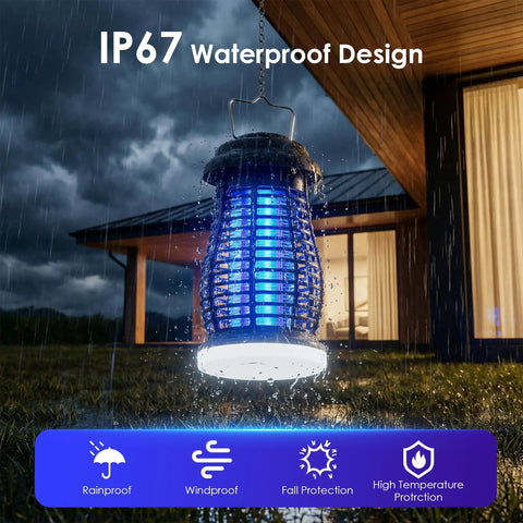 Cordless Bug Zapper For Indoor Outdoor Use With 4800mAh Rechargeable Battery Auto On Off Portable Mosquito Killer For Patio Backyard Camping Kitchen Electric Fly Trap With 4200V High Voltage hanging in rain to show IP67 waterproof design