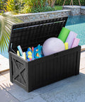 120 Gallon Resin Deck Box Waterproof Outdoor Storage Box For Patio Furniture, Garden Tools And Pool Gear, Large Imitation Wood Look, Weather Resistant, Lockable Design, Heavy Duty, Black