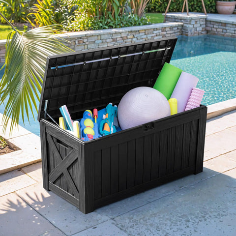 120 Gallon Resin Deck Box Waterproof Outdoor Storage Box For Patio Furniture, Garden Tools And Pool Gear, Large Imitation Wood Look, Weather Resistant, Lockable Design, Heavy Duty, Black