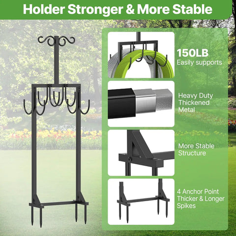 Heavy Duty Garden Hose Holder With Dual Side Hooks And Freestanding Shepherd Hook For Outdoors in garden setting