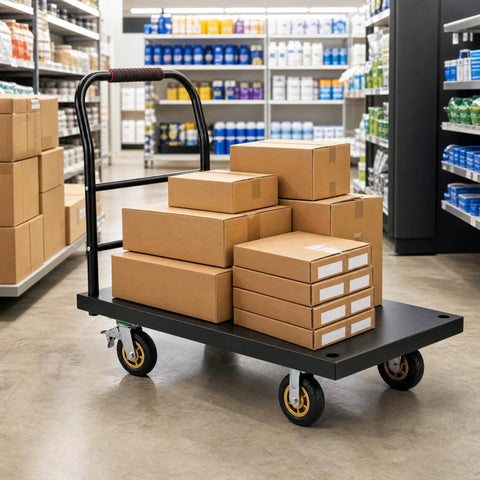 Heavy Duty 2000 Lb Steel Platform Cart With 47 By 24 Inch Anti Slip Platform, Detachable Handle For Easy Storage, 360 Degree Swivel Casters, A Real Warehouse Workhorse For Pros. loaded with boxes in aisle