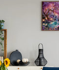 Living room decor with framed Beginner Friendly Diamond Painting Kit With Full Round Drills, Glowing Dream Forest 5D art.