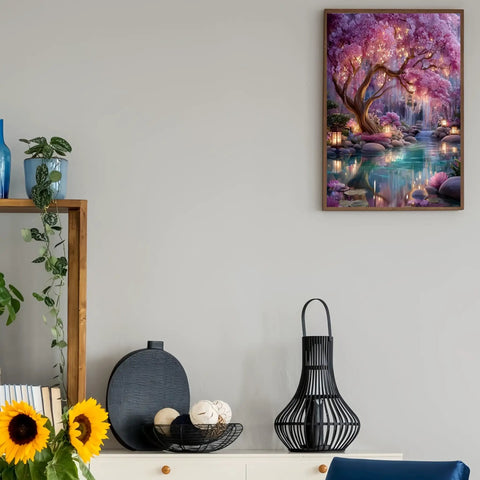 Living room decor with framed Beginner Friendly Diamond Painting Kit With Full Round Drills, Glowing Dream Forest 5D art.