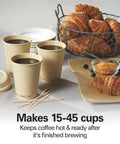45 Cup Fast Brew Coffee Urn And Hot Beverage Dispenser with cups, croissants, and plates on a table setup for large gatherings.