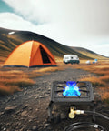 Single Burner Cast Iron Camping Stove With Adjustable Flame Portable Backpacking Friendly Outdoor Cooking Stove Including CSA Listed Regulator And Gas Hose in a campsite setting