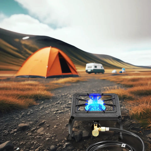 Single Burner Cast Iron Camping Stove With Adjustable Flame Portable Backpacking Friendly Outdoor Cooking Stove Including CSA Listed Regulator And Gas Hose in a campsite setting