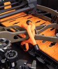 Close-up of interior components in Beefy Foam Free Bow Case With Foamless Chassis and Rugged Rubber Membrane, Black, for 43in bows.