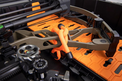 Close-up of interior components in Beefy Foam Free Bow Case With Foamless Chassis and Rugged Rubber Membrane, Black, for 43in bows.