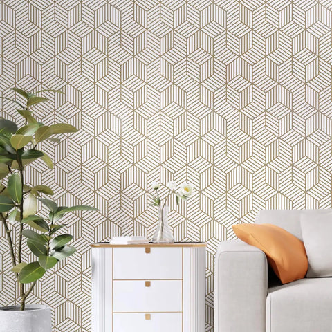 Geometric Hexagon Peel And Stick Wallpaper Removable Self Adhesive Vinyl Film For Walls And Shelves And Drawers And Furniture 17.71 Inch By 118 Inch Roll Easy To Apply No Mess Home Makeovers on living room wall with furniture.