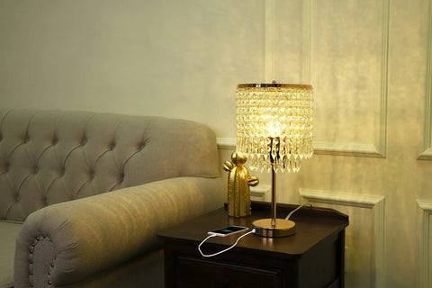 Gold Crystal Table Lamps Set Of 2 With USB Ports And 3-Way Touch Dimmer on bedside nightstand next to sofa