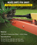 Heavy Duty PTO Shaft For Tractors Featuring 1-3/8 Inch 6 Spline Round Implement End And Rock Solid Carburized Steel Universal Joint in use on farm equipment.