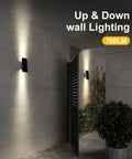 Rock Solid Solar Wall Lights With Up And Down Next Level Glow Built For Outdoor Patios Featuring All Season LED Beads mounted on a wall.