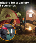 Camping scene with tent, campfire, and Beast Bright 600 Lumen Rechargeable Spotlight Flashlight illuminating the area at night.