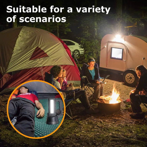 Camping scene with tent, campfire, and Beast Bright 600 Lumen Rechargeable Spotlight Flashlight illuminating the area at night.