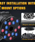 360 Degree LED Spotlight With Remote Control Rotating Work Light With Magnetic Base showing magnet and screw options
