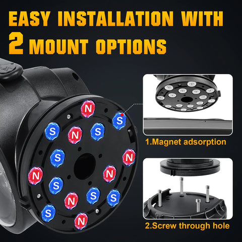 360 Degree LED Spotlight With Remote Control Rotating Work Light With Magnetic Base showing magnet and screw options