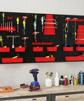 Must Have Pegboard Wall Organizer With 9 Bins 4 Hammer Racks 2 Wrench Racks 2 Seven Slot Screwdriver Holders 30 Slot Screwdriver Holder 16 Hooks For Garage And Workshop mounted on a wall with tools and bins displayed