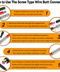 Instruction steps for using 12-10 Gauge Wire Butt Connectors Kit With 10 Screw Type Connectors, 40 Screws, and Heat Shrink Tubing