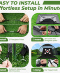 Setup process for 10x7Ft Golf Practice Net With Mat And Target Pockets for backyard, garage, and indoor use displayed.