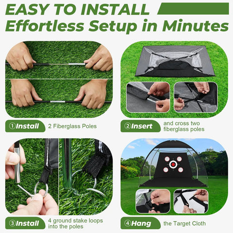 Setup process for 10x7Ft Golf Practice Net With Mat And Target Pockets for backyard, garage, and indoor use displayed.