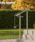 Top Notch 304 Stainless Steel Two Step Stair Handrail Kit With A Comfy 1.5 Inch Grip Rail for DIY setup shown with dimensions.