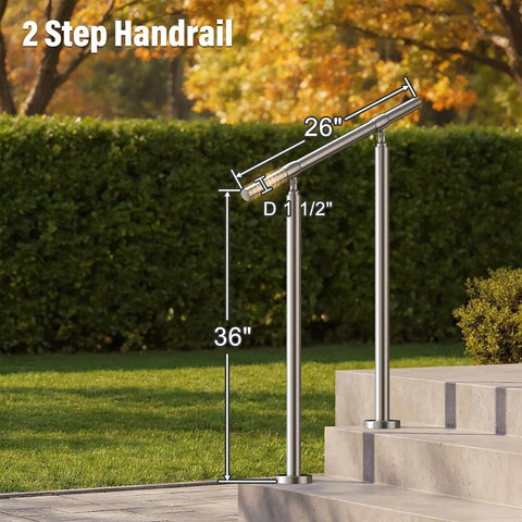 Top Notch 304 Stainless Steel Two Step Stair Handrail Kit With A Comfy 1.5 Inch Grip Rail for DIY setup shown with dimensions.