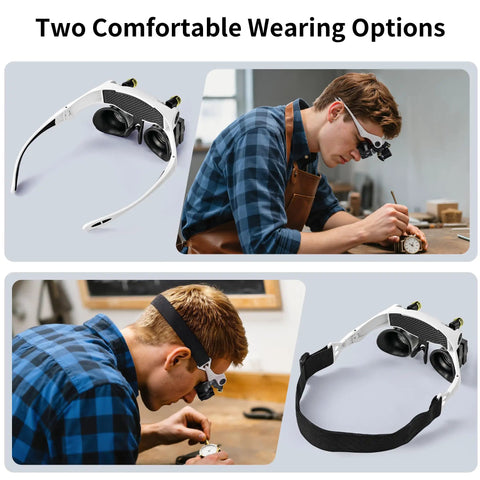 Hands Free LED Magnifier Glasses With 14 Interchangeable Lenses 3X To 15X, used for watch repair and close detail work