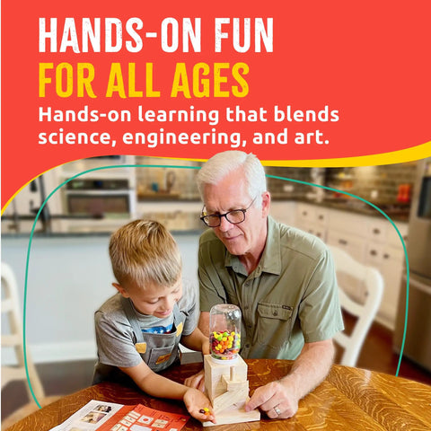 Candy Dispenser Woodworking Kit For Kids A Hands On STEM Building Project With FSC Certified Wood Paints And Tools Includes DIY Gumball Machine Craft For Boys And Girls Ages Six And Up shown in use by adult and child.