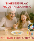 A grandmother and child using the Epic Chemistry Set With 52 Hands On Experiments For Kids Aged 8 To 12 Volcano Lab Project Epic Foaming Reactions Self Inflating Balloon Colorful Test Tubes Density Stacks Safe Science Kit Ideal STEM Gift For Boys And Girls at a table with colorful supplies