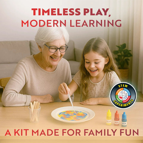 A grandmother and child using the Epic Chemistry Set With 52 Hands On Experiments For Kids Aged 8 To 12 Volcano Lab Project Epic Foaming Reactions Self Inflating Balloon Colorful Test Tubes Density Stacks Safe Science Kit Ideal STEM Gift For Boys And Girls at a table with colorful supplies
