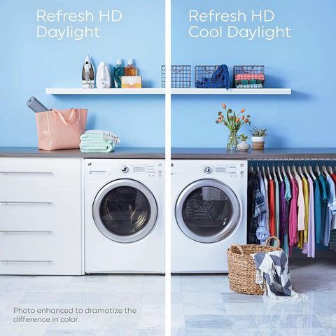 Split image showing Refresh HD Daylight vs Cool Daylight in laundry room showcasing lighting effect on colors and brightness.