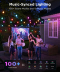 Lit Outdoor String Lights 96ft Dual Rope RGBIC LED Bulbs With 111 Scene Modes displayed during an outdoor party at night