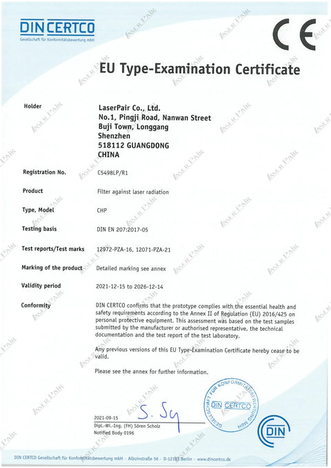 EU Type-Examination Certificate for Bombproof CO2 Laser Goggles with OD 6 Plus filter and 75 VLT lens detailing compliance and specifications.