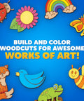 Colorful nature-themed woodcuts and magnets from Wooden Magnet Craft Kit For Kids With 15 Nature Themed Magnets And 8 Watercolor Pens.
