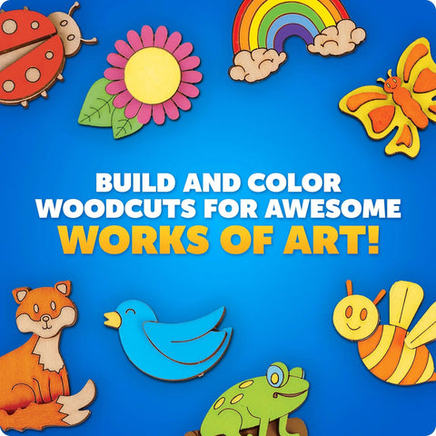 Colorful nature-themed woodcuts and magnets from Wooden Magnet Craft Kit For Kids With 15 Nature Themed Magnets And 8 Watercolor Pens.