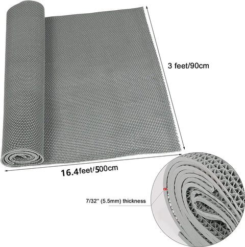 Heavy Duty PVC Drainage Mat Grippy Non Slip Wet Area Floor Mat Roll 3 By 16.4 Ft 0.22 Inch Thick Ideal For Restaurants Bars Bathrooms Pools Patios Outdoor And Indoor Grey, showing mat roll and dimensions