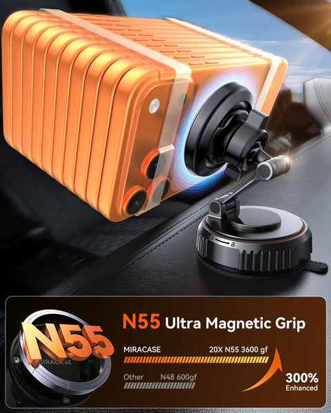 N55 Ultra Magnetic Grip highlighted on a dashboard near MagSafe Car Mount With Ultra Strong Vacuum Suction Base And 360 Degree Rotating Dashboard And Windshield Holder For All Smartphones, 3600gf Magnets And 89 Lbs Grip That Stays Put On Rough Roads For A Secure Hands Free Drive.