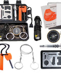 Survival Kit With 6 In 1 Waterproof Case for Camping, Hiking, Travel, includes fire starter, compass, wire saw, flashlight, tool card.