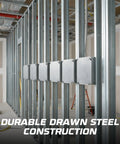 Beefy 4x4 Electrical Junction Box Kit With Blank Covers, Heavy Duty Steel, installed on steel framing in construction site.