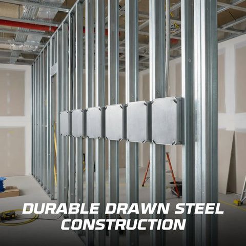 Beefy 4x4 Electrical Junction Box Kit With Blank Covers, Heavy Duty Steel, installed on steel framing in construction site.