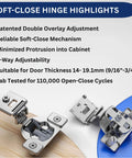 Top Shelf Kitchen Upgrade Thirty Pack Soft Close Overlay Cabinet Hinges In Premium Stainless Steel Rust Proof Concealed Fit Dual Align Design Easy Grip Mounting Hardware shown with double overlay adjustment features.